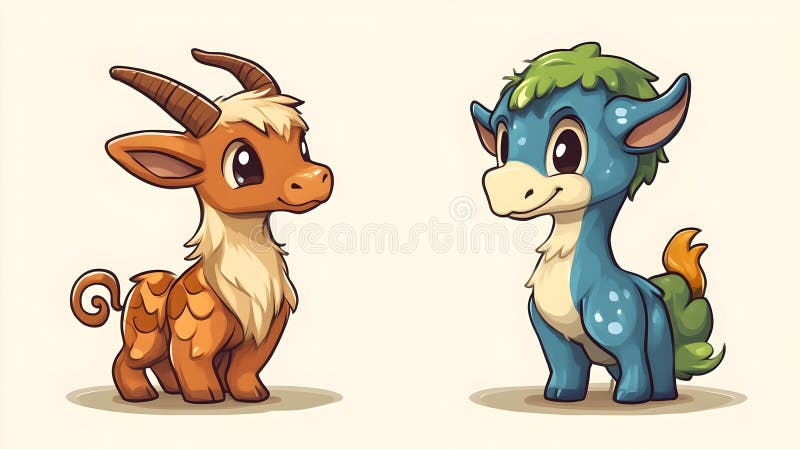 Adorabile creaturi fantastice : Doi dragoni fermecători într-un stil capricios vector illustration
