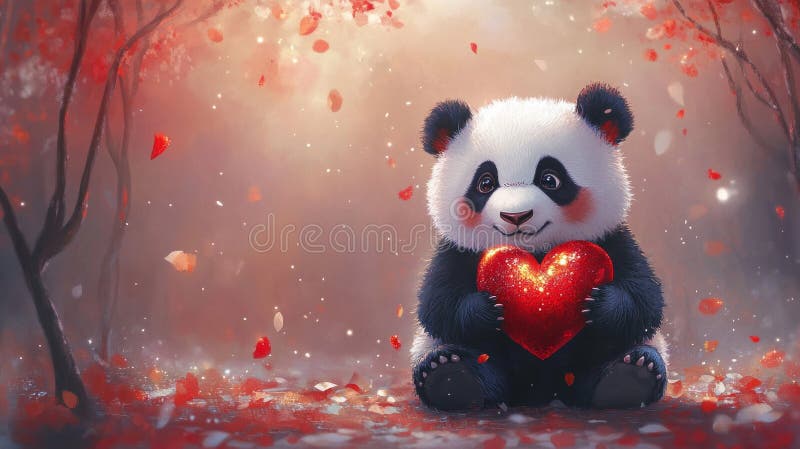 Adorabile Panda con un cuore in una foresta d'autunno illustrazione di stock