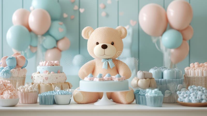Adorabilul Teddy Bear Baby Duș Cake Table stock illustration