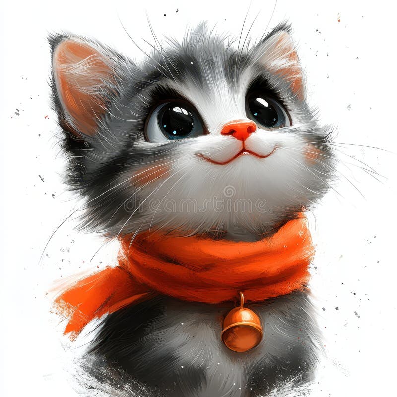 Adorabilă Pisică Gri Purtând O Expresie Fericită Cu Fular Portocaliu royalty free illustration