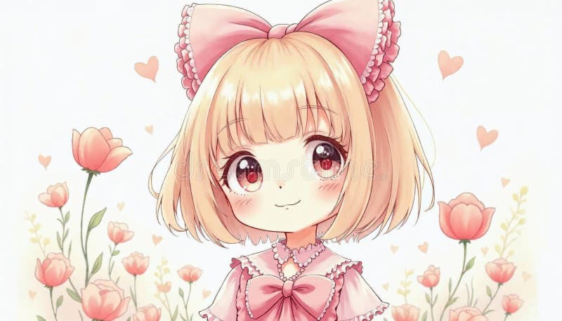 Adorable Anime con vestido rosa con flores stock de ilustración