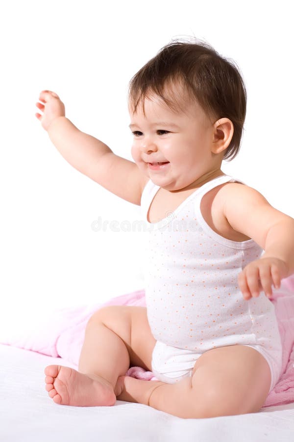 Adorable baby girl laughing, studio shot. Lovely european female stock images, royalty-free photos and pictures