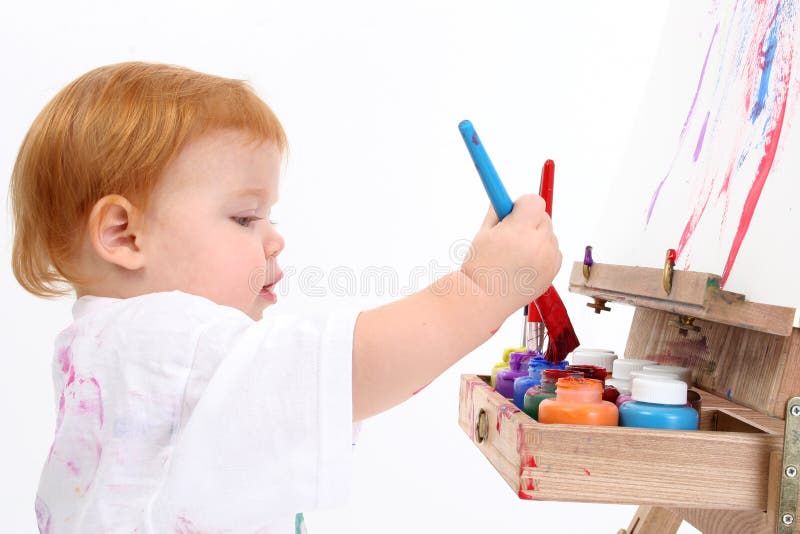 Adorable Baby Girl Painting At Easel