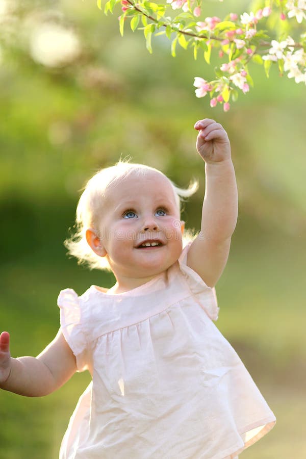 Adorable Baby Girl at Sunset Reaching for Flower in Tree stock photography Adorable Baby Girl at Sunset Reaching for Flower in Tree stock photography