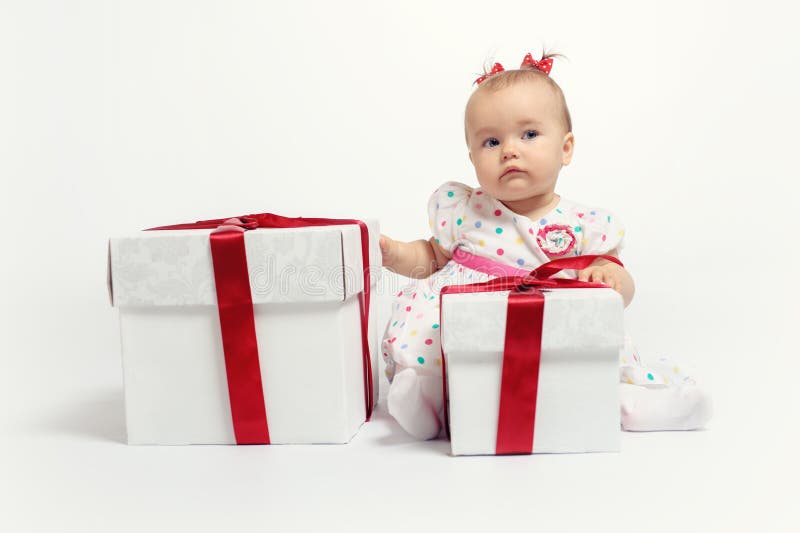 Adorable Baby Girl with Two Gift Boxes Stock Photo Image of childhood