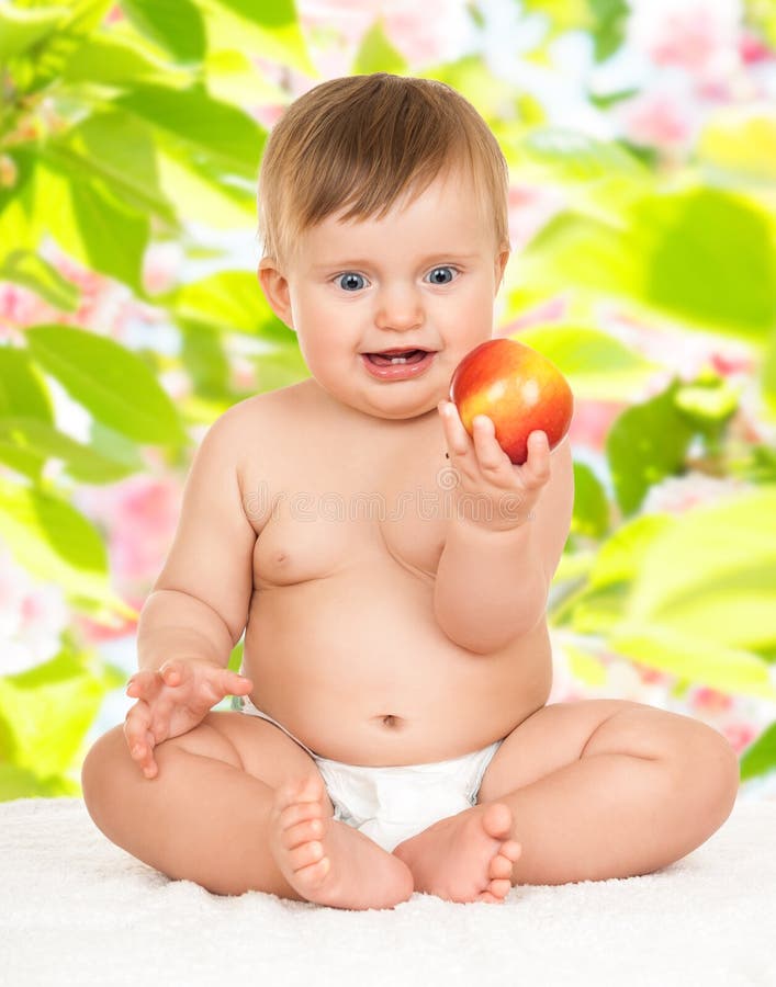 Baby with Apple Sit on Towel Stock Photo - Image of bokeh, emotion