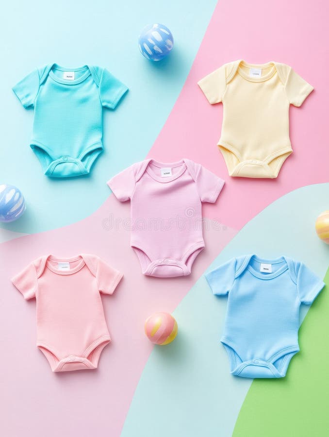 Adorable baby onesies displayed on a pastel candy-colored background with soft textures and playful layout royalty free stock images