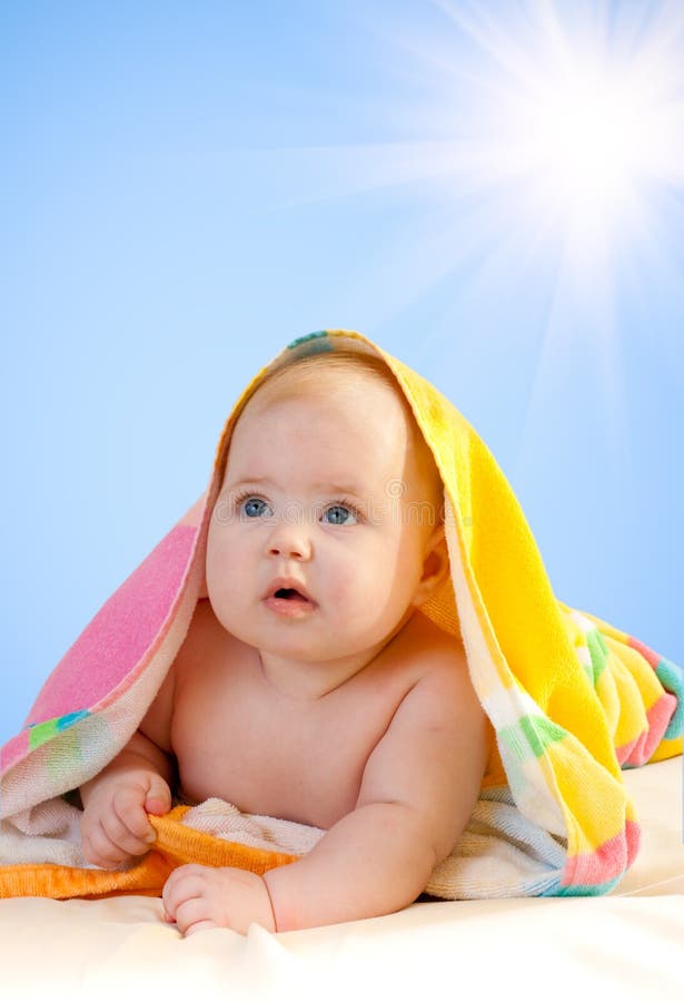 Adorable Baby with Sun and Sky Stock Photo Image of little, beauty