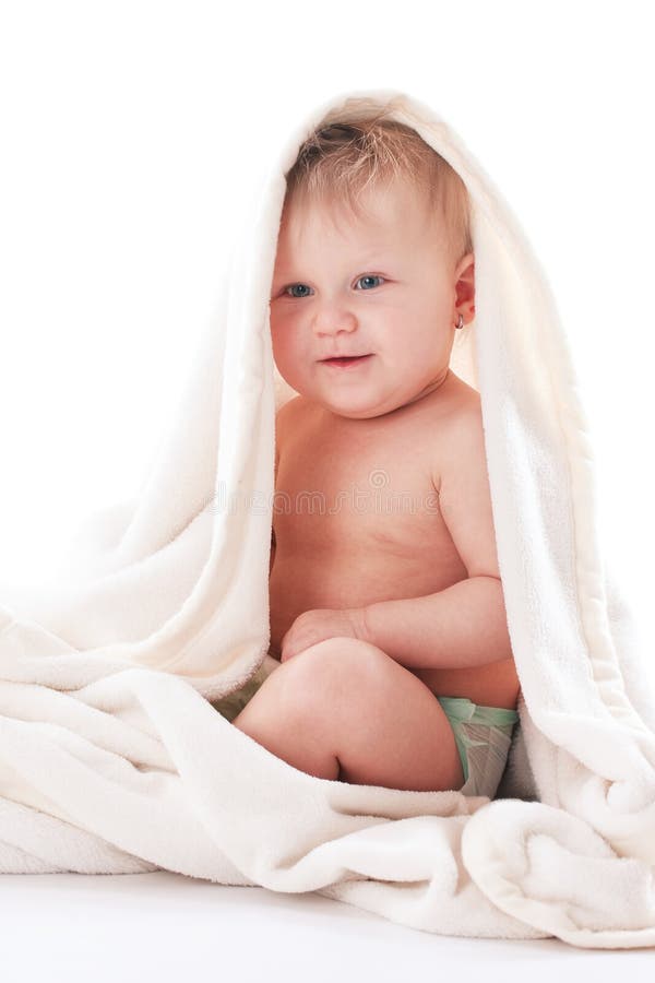 Adorable Baby Wrapped In White Blanket Stock Photo Image Of Closeup