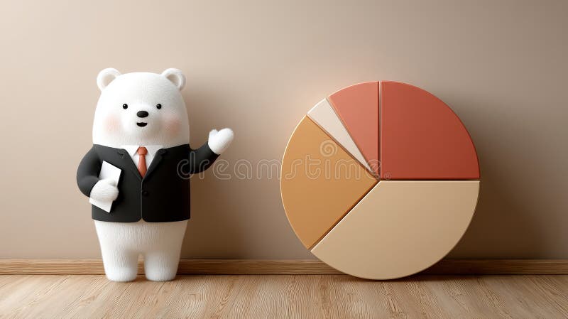 Adorable Bear in Business Suit Presents Pie Chart Data Analysis - Inspiring Business Presentation Design with modern lighting and royalty free illustration