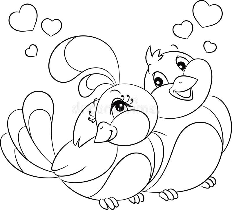 Black and white Kawaii illustration of a bird couple, hugging, with hearts over heads, for coloring book or Valentine`s Day card