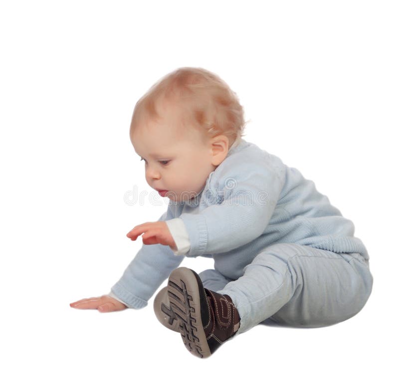 Adorable blonde baby sit on the floor stock photo Adorable blonde baby sit on the floor stock photo