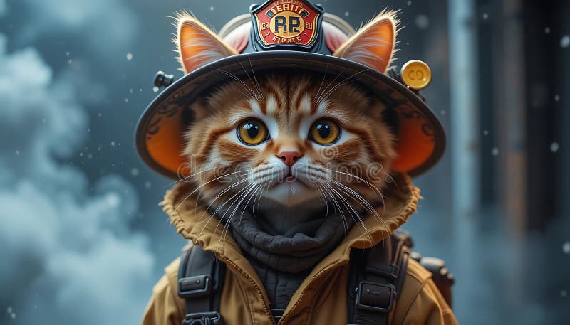 Adorable bombero de ginger cat con casco y chaqueta ilustración del vector