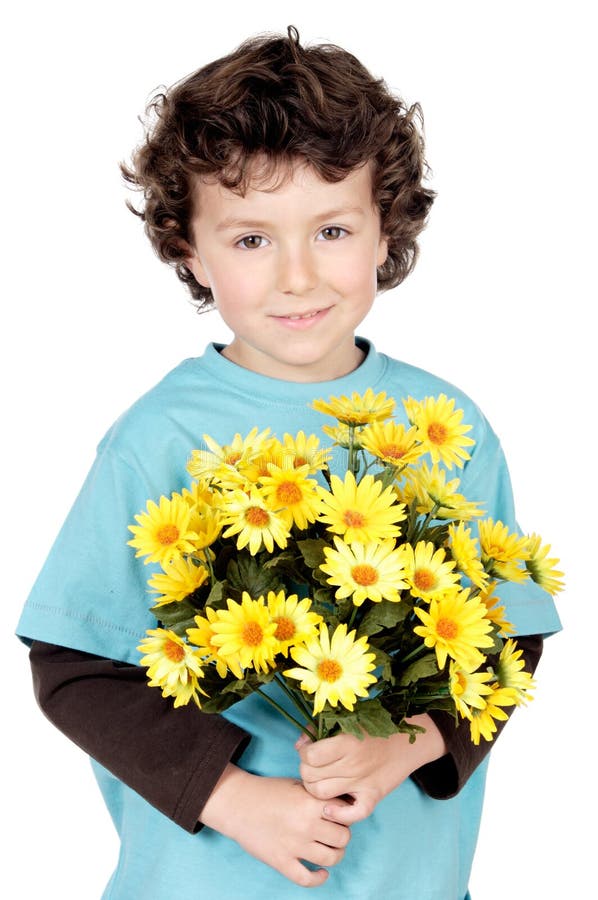 Little Child Boy Giving Flowers Bouquet, Handsome Kid Greeting R Stock