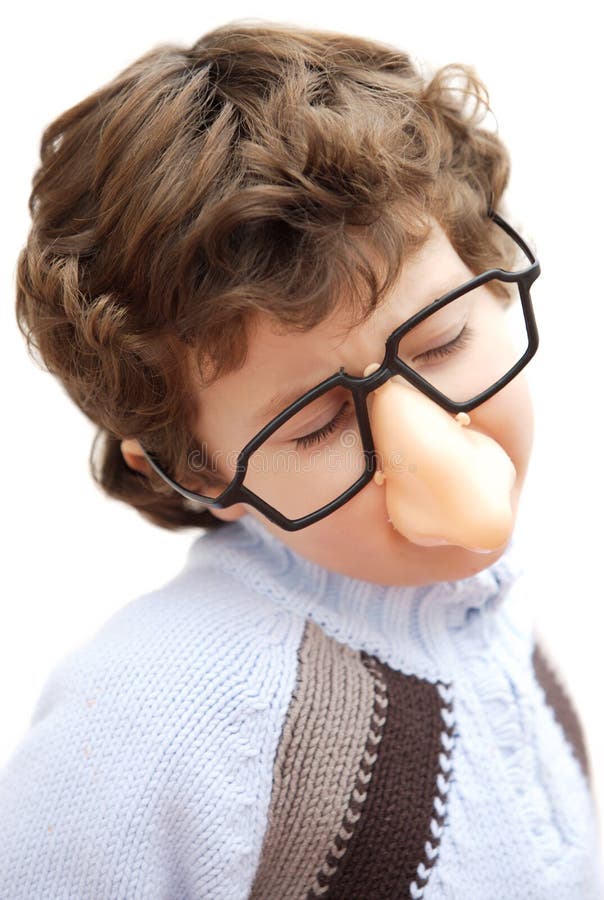 Adorable Boy with Glasses and Nose of Toy Stock Photo - Image of small