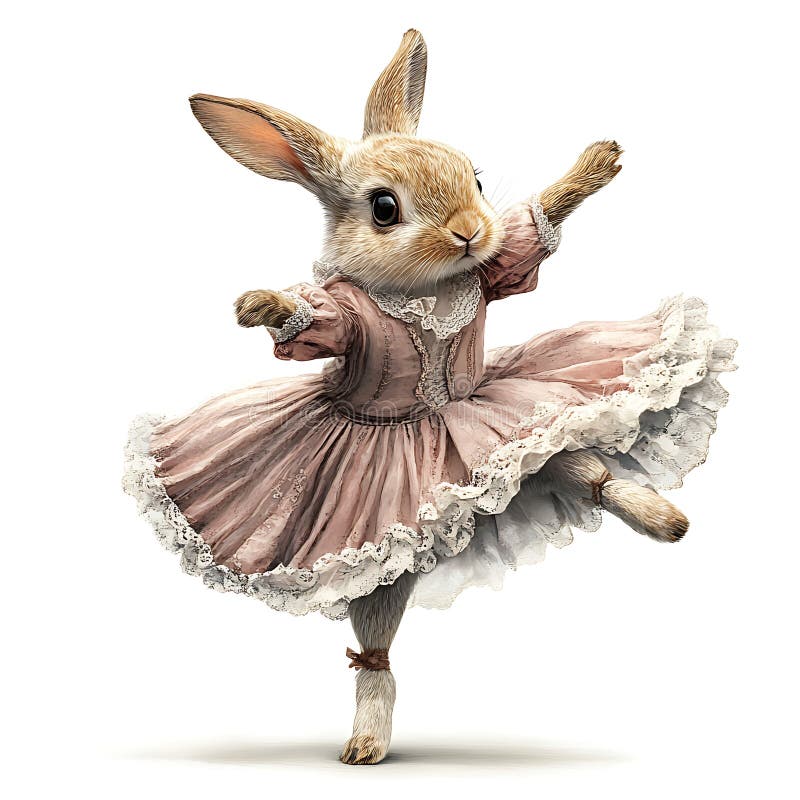 Adorable Brown Bunny in Pink Ballet Tutu Dancing Gracefully on White Background stock illustration