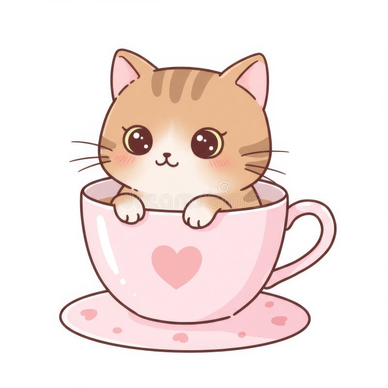 Adorable Brown Kitten in Pink Teacup ilustracja wektor