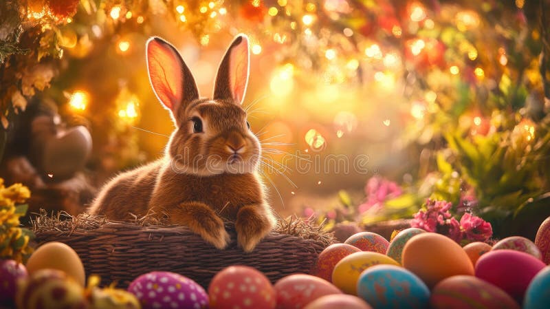 Adorable bunny surrounded by colorful easter eggs in a magical garden setting stock photo