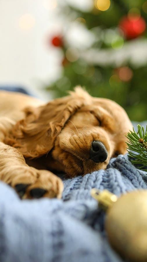 Adorable cachorro español Cocker inglés durmiendo cerca de decoraciones navideñas con manta de punto azul. Temporada de invierno stock de ilustración