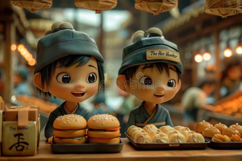Copii adorabili din desene animate care vând mâncare delicioasă pe stradă într-o piață plină stock photos