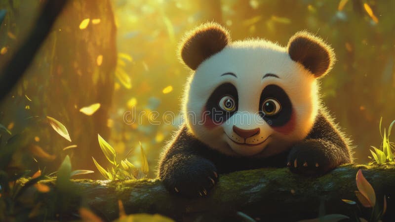 Adorable Cartoon Panda Cub in a Sunlit Forest stock illustration