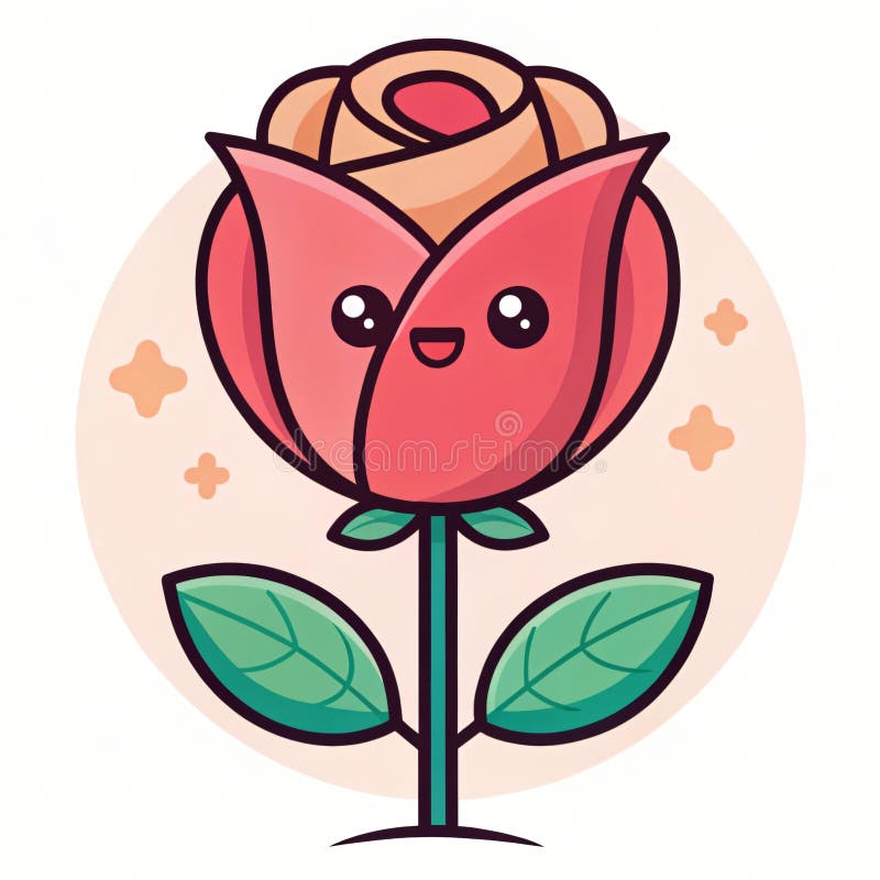 Adorable Cartoon Rose Flower Ilustracja Cute Kawaii Floral Design Happy Blossom AI wygenerowane. ilustracji