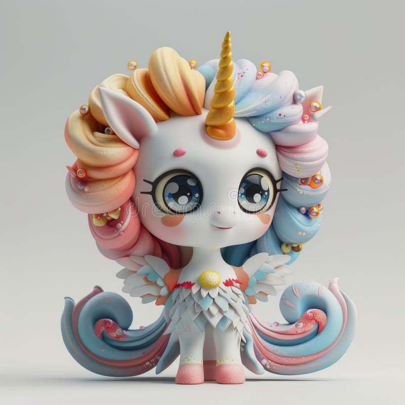 Adorable Cartoon Unicorn with Candy,Colored Mane and Sparkling Eyes