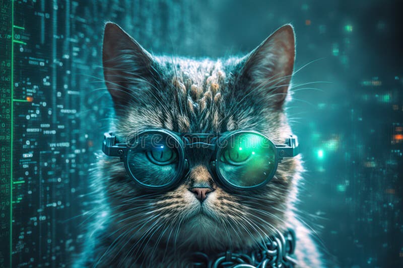 Adorable cat cyber crypto digital hacker coder, in cyberspace wearing virtual reality VR goggles