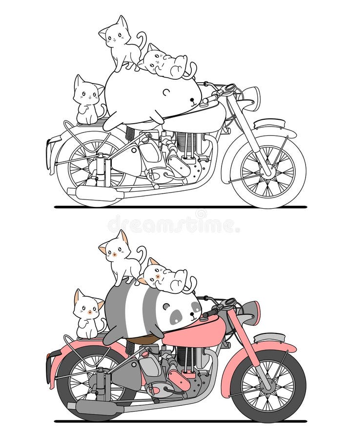 Adorable cats and panda on Motorbike cartoon easily coloring page for kids