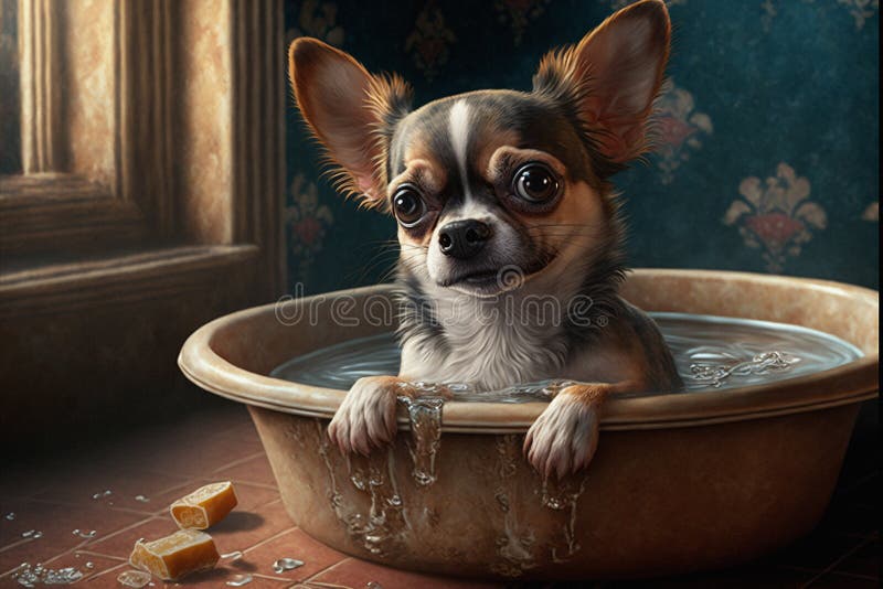 Adorable Chihuahua dog in a bath, vintage setting