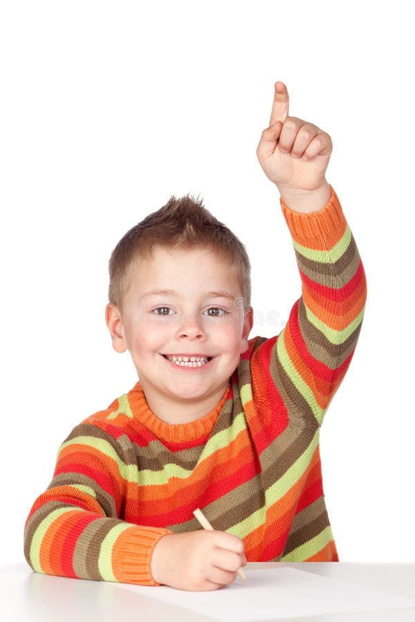 Adorable child student asking to speak a over white background. Smiling asking stock images, royalty-free photos and pictures