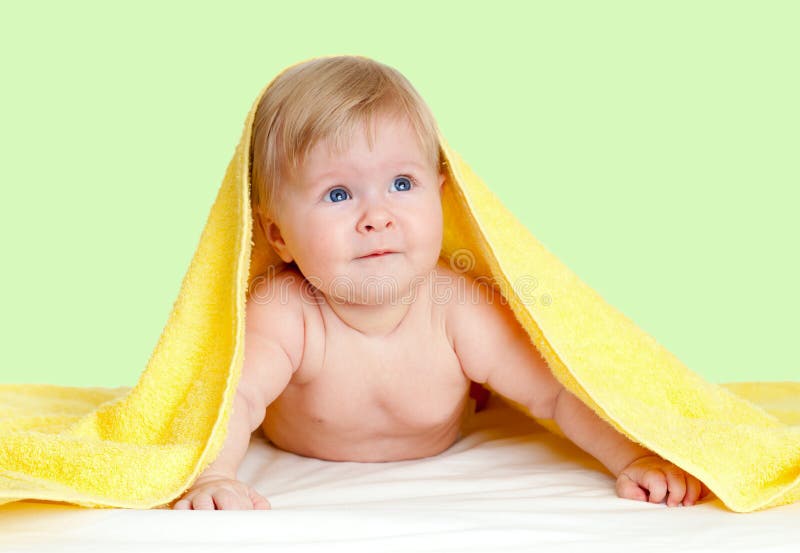 Adorable Child Under Yellow Towel Stock Photo - Image of adorable ...