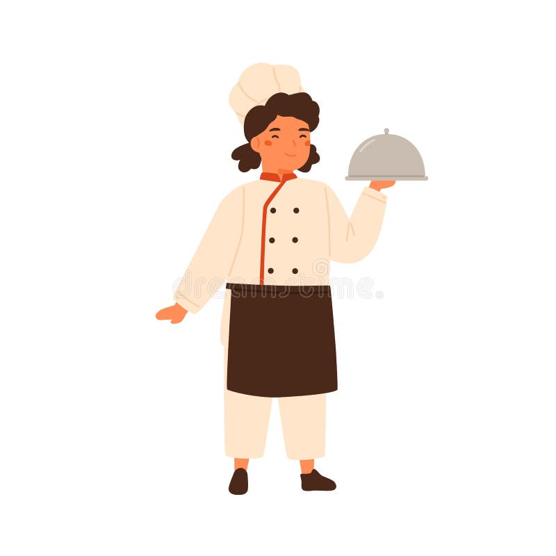 Adorable children little chef cute girl in professional uniform. Child in cooking apron. Smiling kid serving main course