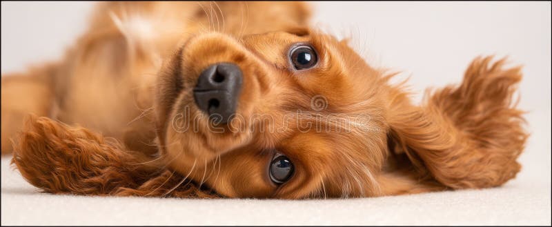 The adorable cocker spaniel puppy resting on soft surface with curious expression.. image royalty free stock images.