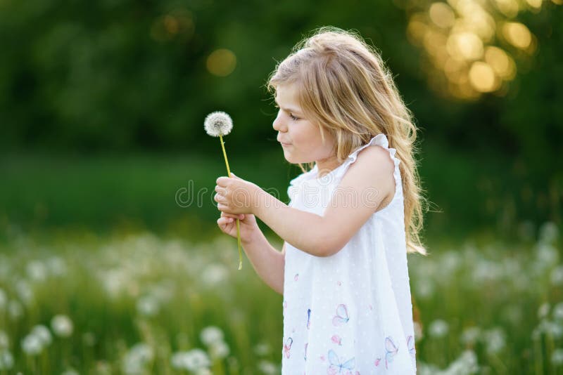 Adorable Cute Little Preschool Girl Blowing On A Dandelion Flower On