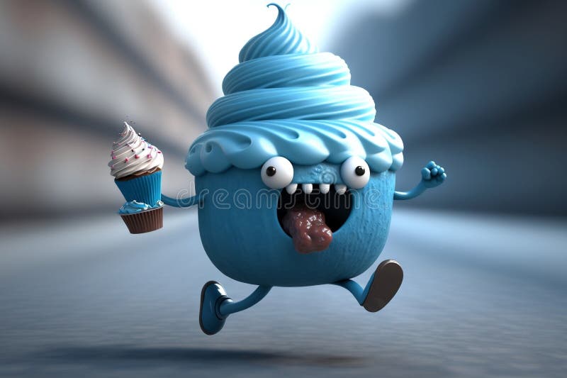 Adorable 3D Cartoon Cupcake Character Running in Blue, Generative Ai