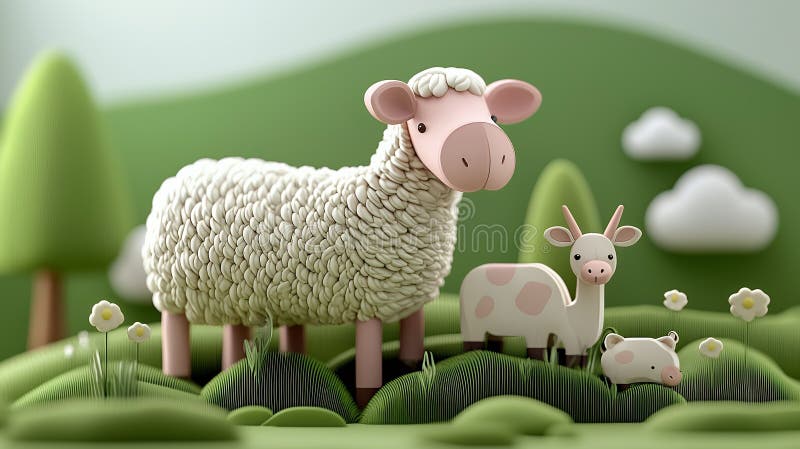 Adorable 3D Render of Sheep and Goat in Pastel Green Meadow - Generative AI stock photo