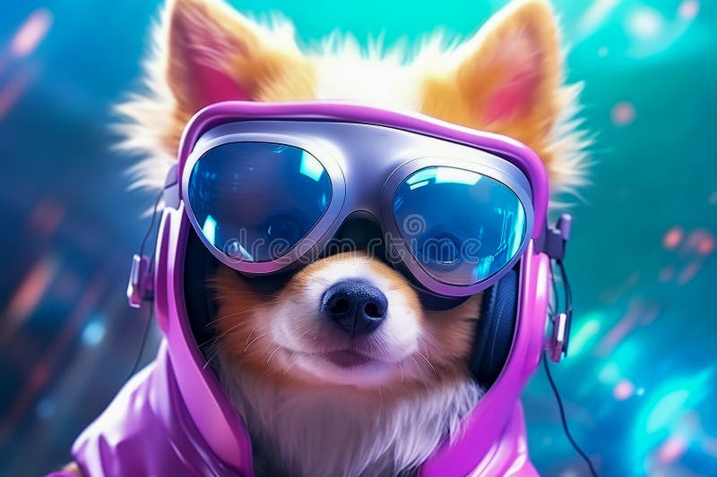 Adorable dog cyber crypto digital hacker coder in cyberspace wearing virtual reality augmented reality goggles vector illustration