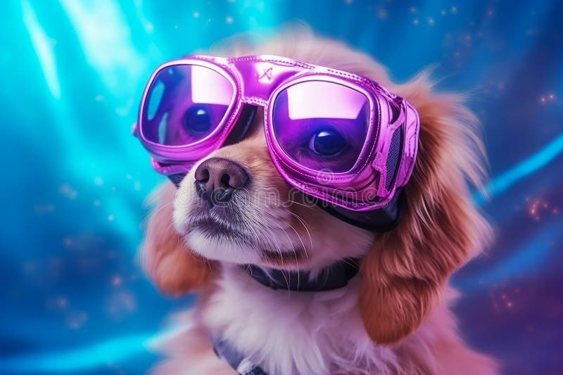 Adorable dog cyber crypto digital hacker coder in cyberspace wearing virtual reality augmented reality goggles vector illustration