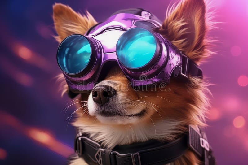 Adorable dog cyber crypto digital hacker coder in cyberspace wearing virtual reality augmented reality goggles stock illustration