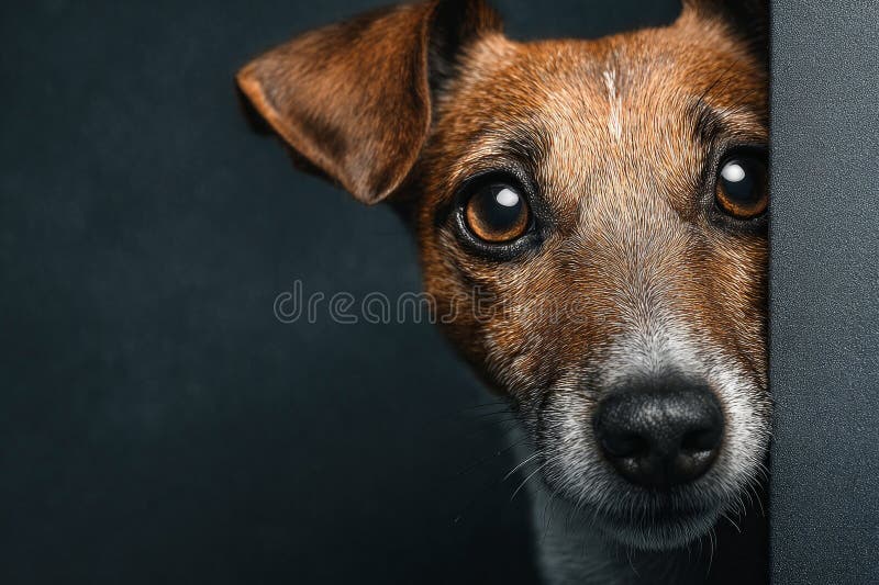 Adorable dog peeking around a corner with curiosity, captured in a professional studio setting royalty free stock photo