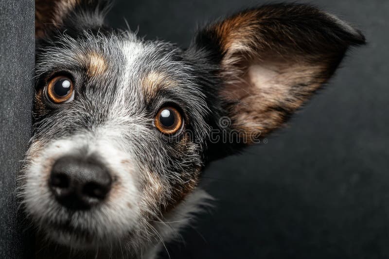 Adorable dog peeking around a corner with a curious expression on its face stock photos