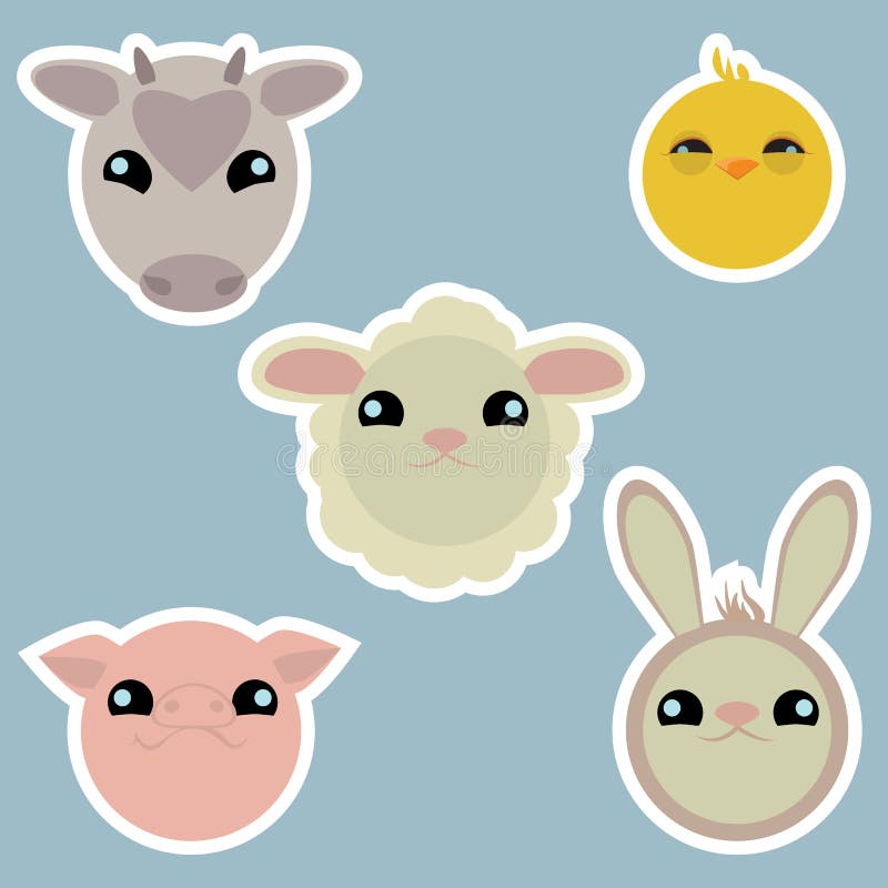 Premium Vector  Cute animal stickers, smiling adorable animals faces,  kawaii sheep and funny chicken cartoon set