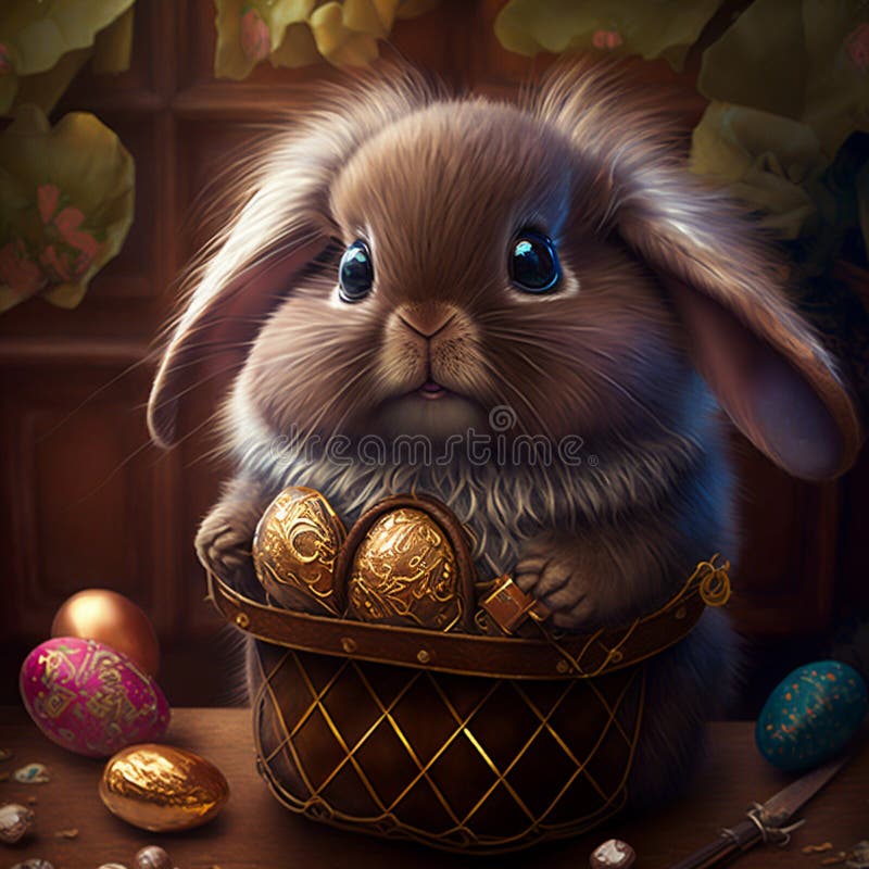 Adorable Easter Bunny Holding Basket Full with Chocolate Eggs for
