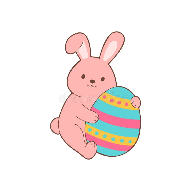 Adorable easter bunny hugging holding a colorful striped egg vector illustration ilustração do vetor