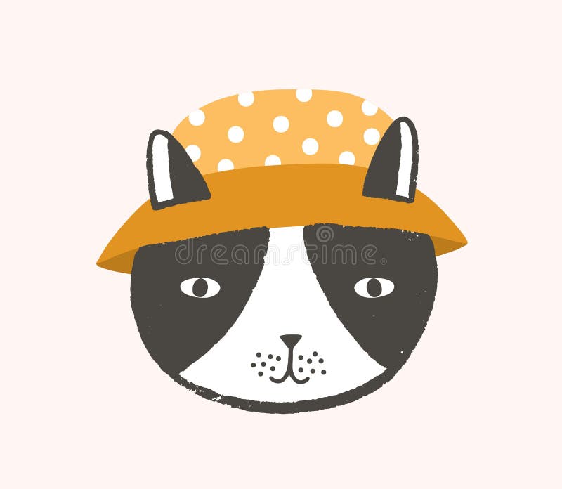 Adorable Face or Head of Cat Wearing Bucket Hat. Funny Cute