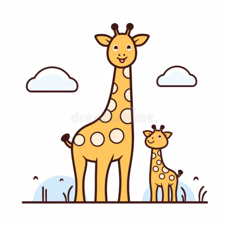 Adorable Flat Style Illustration of Giraffe Mom and Baby Stock