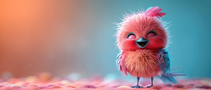 Adorable, fluffy pink bird with a cute expression standing on a soft surface with a colorful background stock illustration