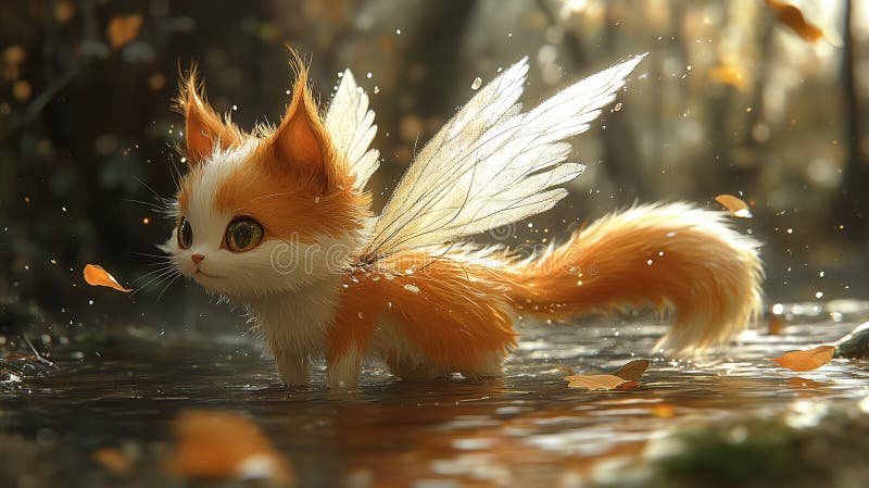 Adorable ginger kitten con alas de hadas en un arroyo poco profundo y suntuoso fondo de fondo de fondo de fondo AI generativo
