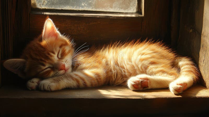 Adorable Ginger Kitten Napping in Sunny Windowsill libre illustration